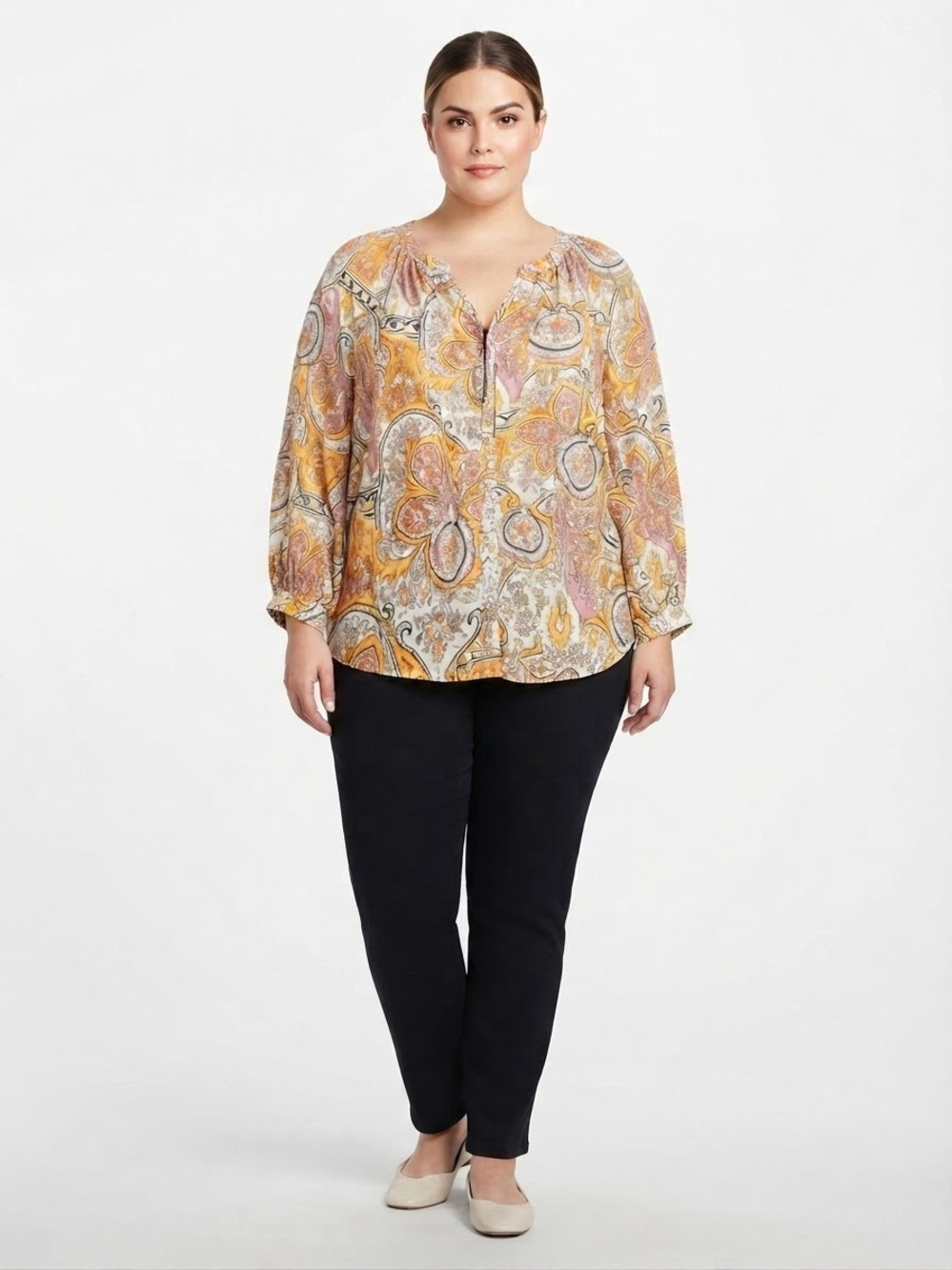 Jones New York Paisley V-Neck in Yellow and Pink